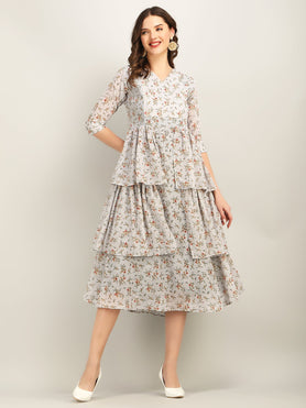 Women's Floral Print Georgette Midi Length Tiered Dress for Women