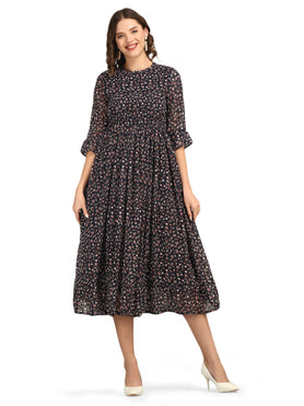 Women's Floral Print Georgette Midi Length Tiered Dress for Women